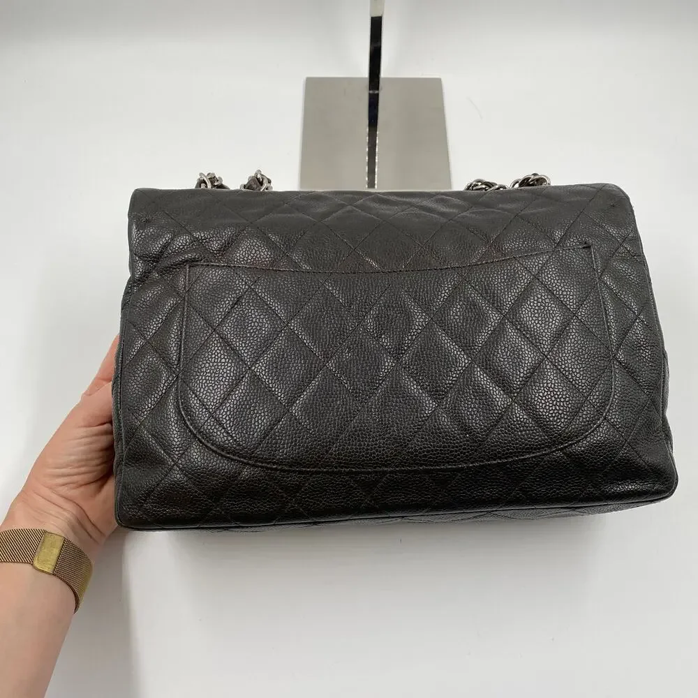 Chanel Jumbo Single Flap Caviar Bag Leather Brown Classic SHW Silver Hardware